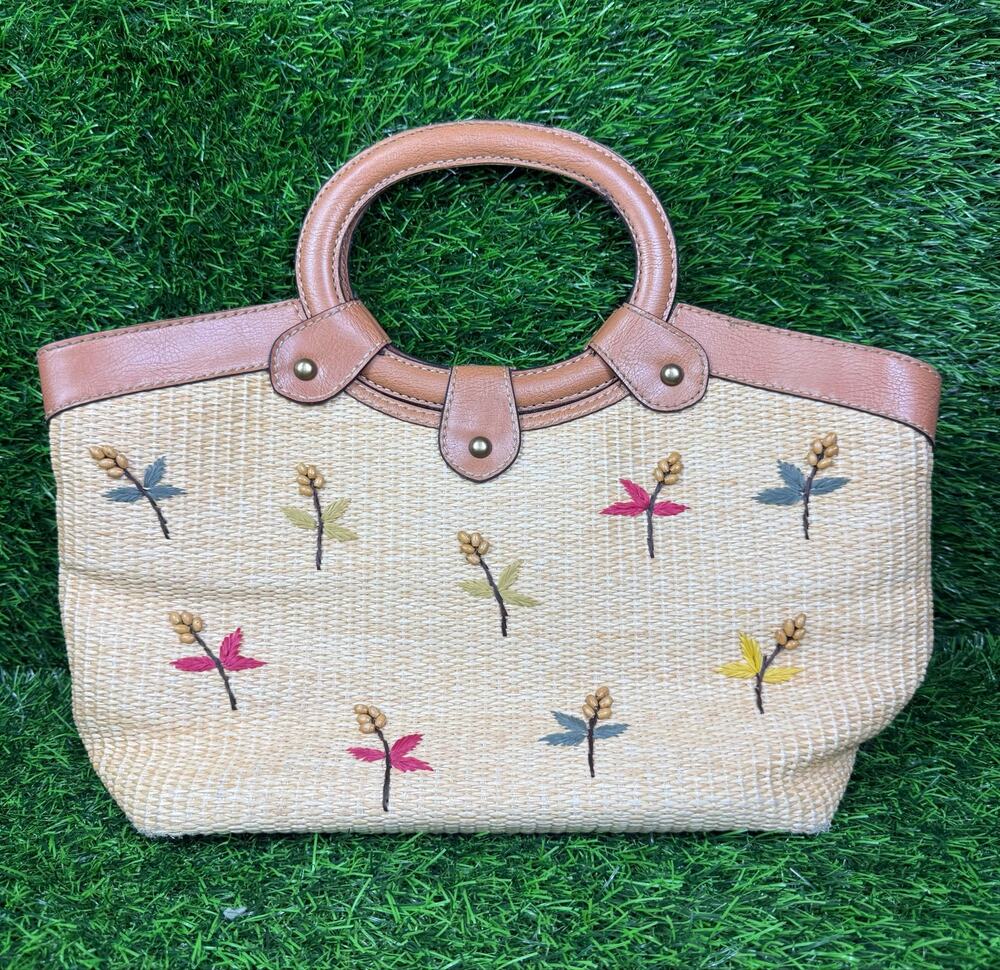 Fossil ZB9735 Woven Straw Floral Embroidered Satchel Purse Leather Trim Boho Y2K